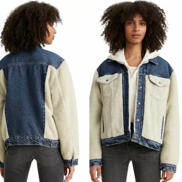 Levi’s NWT Ex-Boyfriend Trucker Pierced Sherpa Denim Jean Jacket M new - Picture 1 of 10
